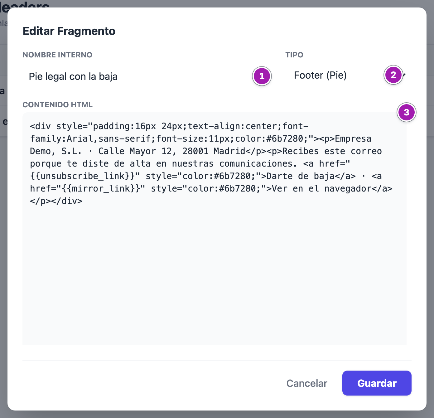 Ventana «Editar Fragmento» del pie: «Nombre Interno» (1), «Tipo» con «Footer (Pie)» (2) y el «Contenido HTML», que lleva los enlaces de darse de baja y de ver en el navegador (3).