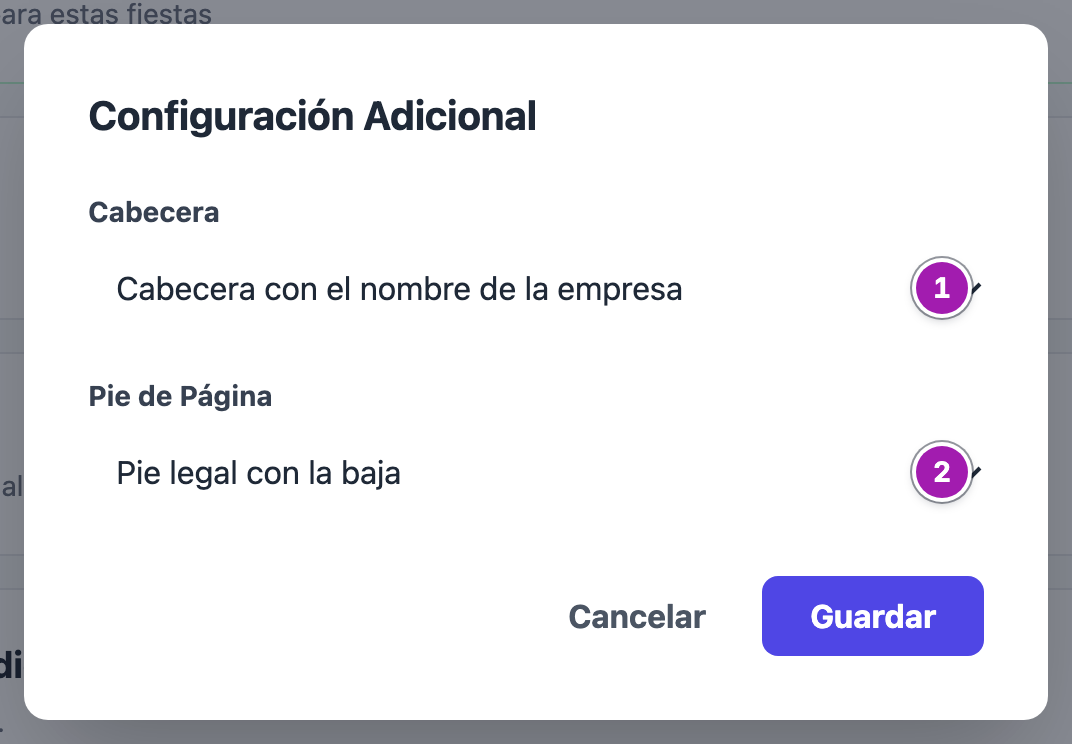Ventana «Configuración Adicional» de una campaña con la cabecera elegida en «Cabecera» (1) y el pie elegido en «Pie de Página» (2).