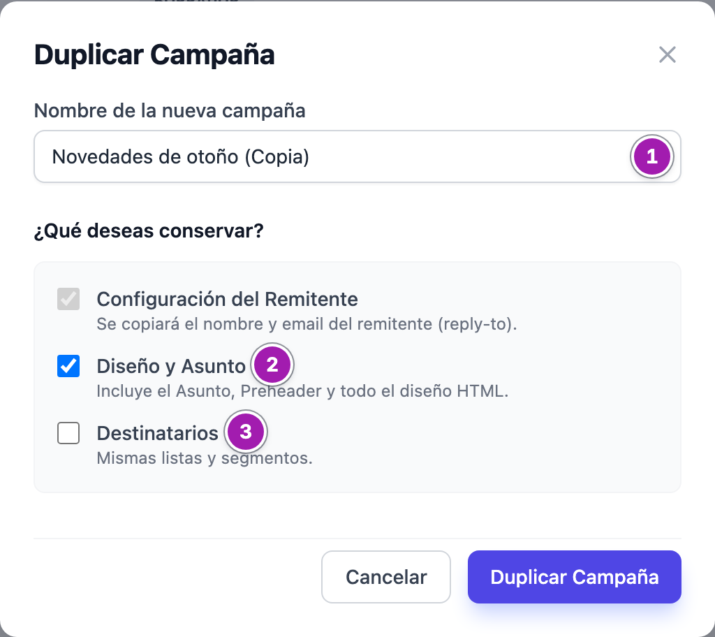 Ventana «Duplicar Campaña» con el nombre de la copia (1) y las casillas para conservar el diseño y el asunto (2) y los destinatarios (3).