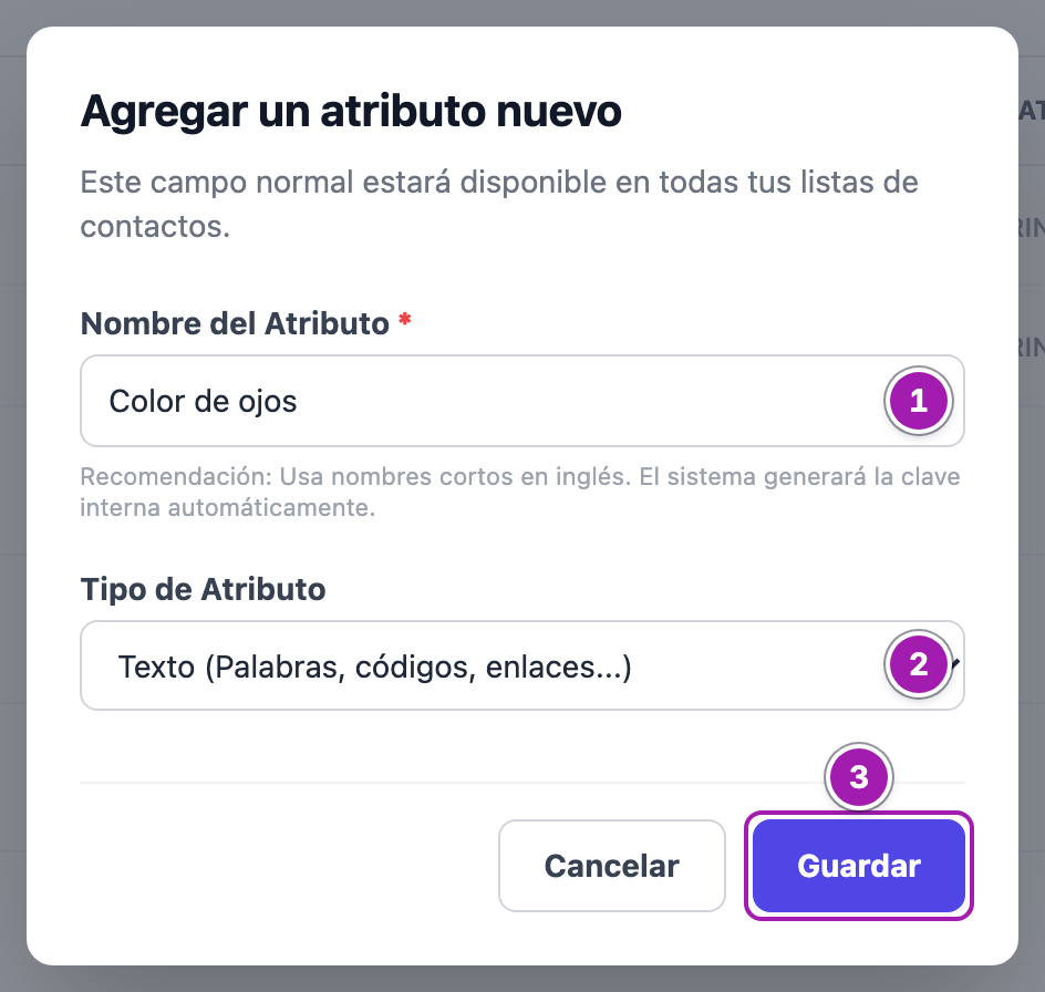 Ventana «Agregar un atributo nuevo» con el nombre «Color de ojos» escrito (1), el tipo de atributo, aquí «Texto (Palabras, códigos, enlaces...)» (2), y el botón «Guardar» (3).