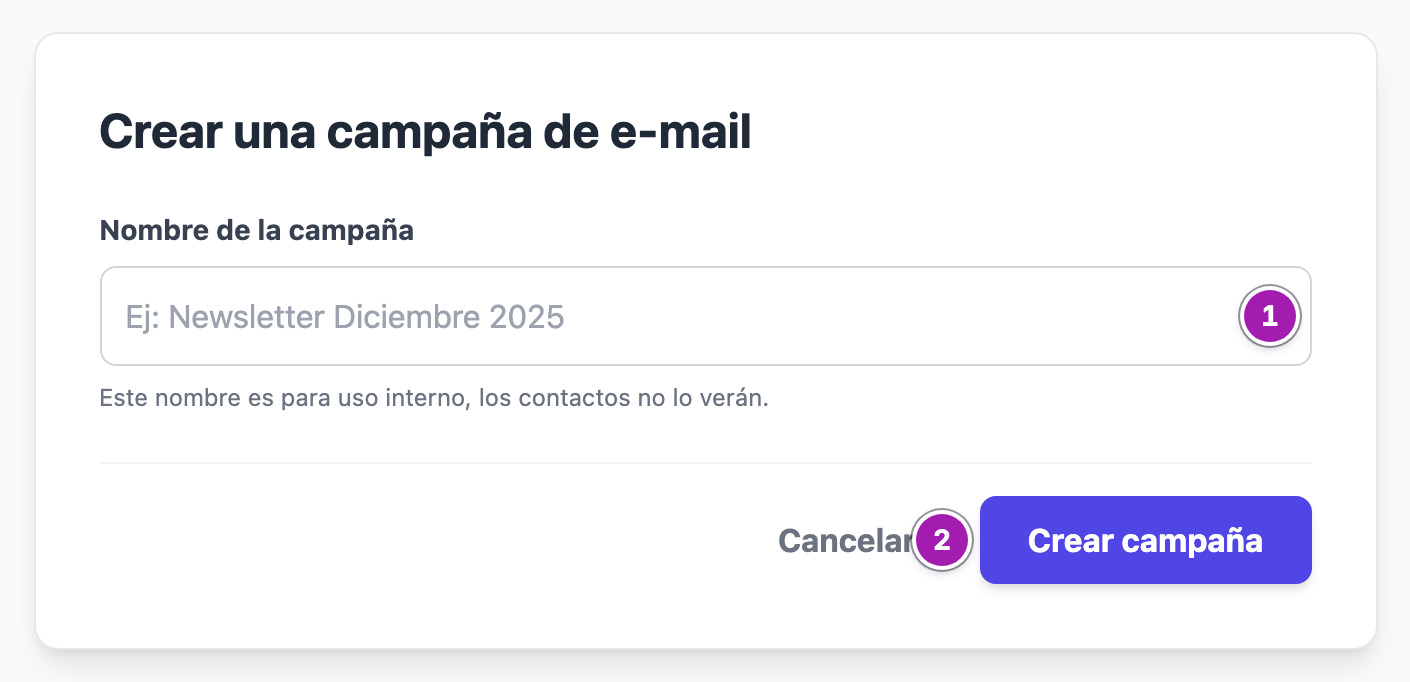 Pantalla «Crear una campaña de e-mail» con el campo «Nombre de la campaña» (1) y el botón «Crear campaña» (2).