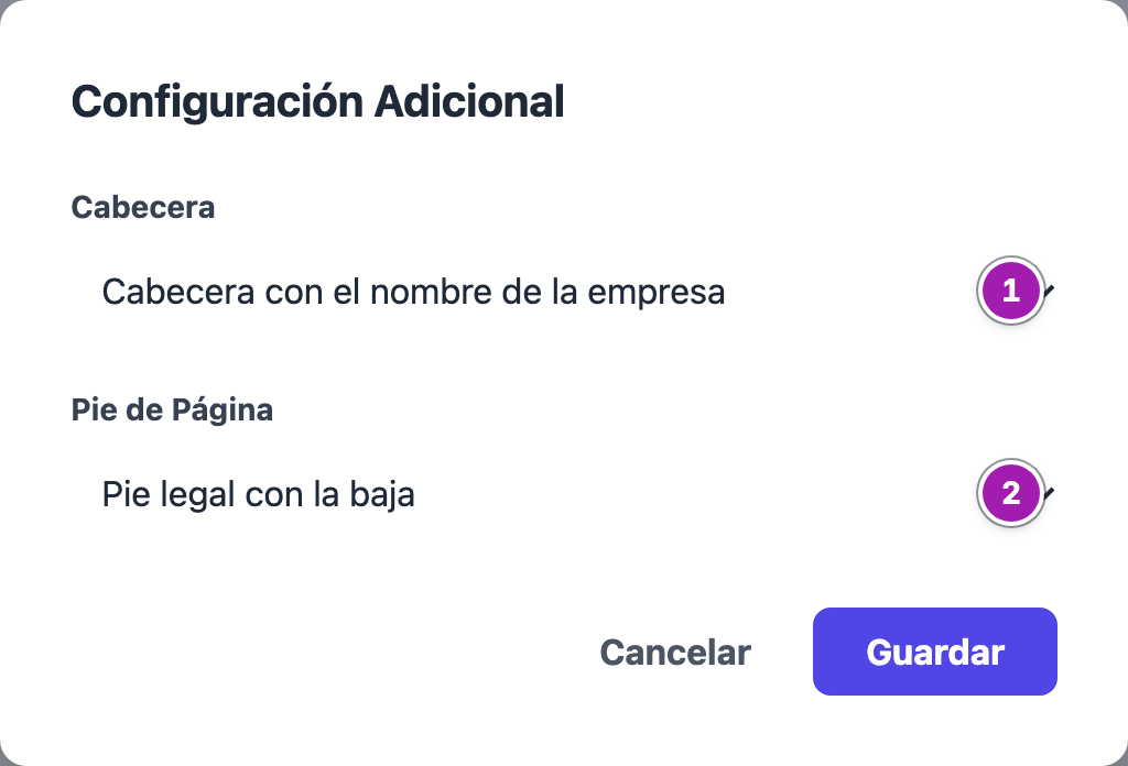 Ventana «Configuración Adicional» con la cabecera (1) y el pie de página (2) elegidos.
