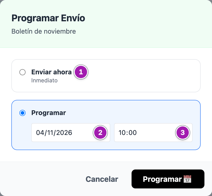Ventana «Programar Envío» con las opciones «Enviar ahora» (1) y «Programar», ésta elegida, con su fecha (2) y su hora (3).