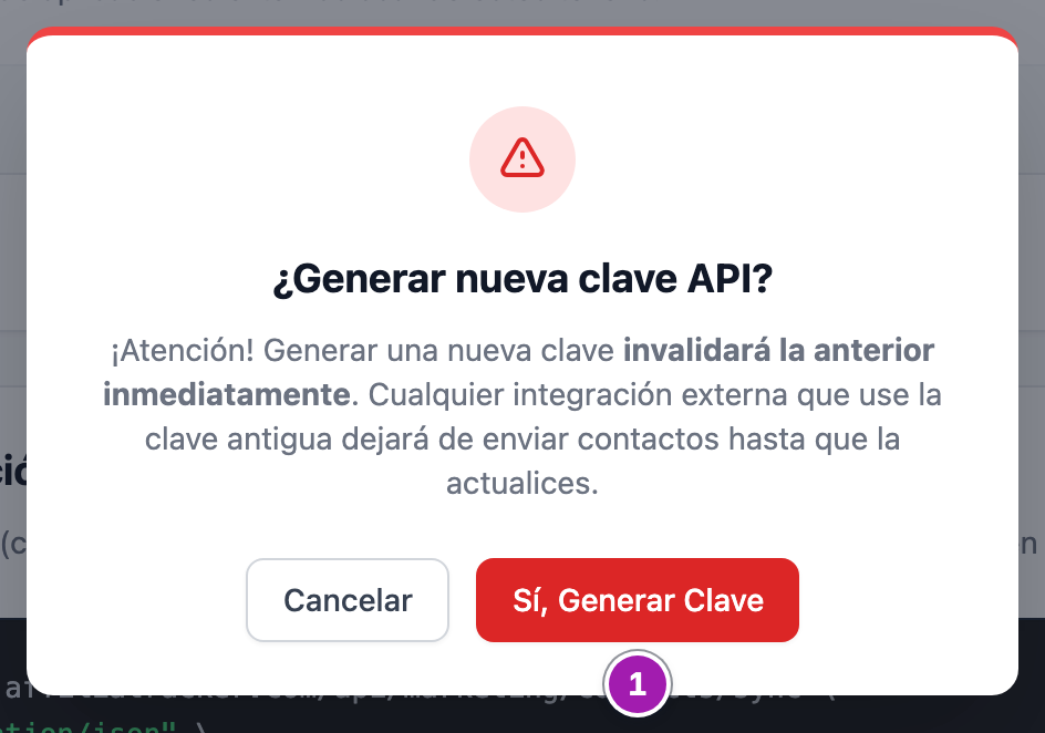 Ventana «¿Generar nueva clave API?», que avisa de que la clave anterior dejará de valer al momento, con «Cancelar» y «Sí, Generar Clave» (1).