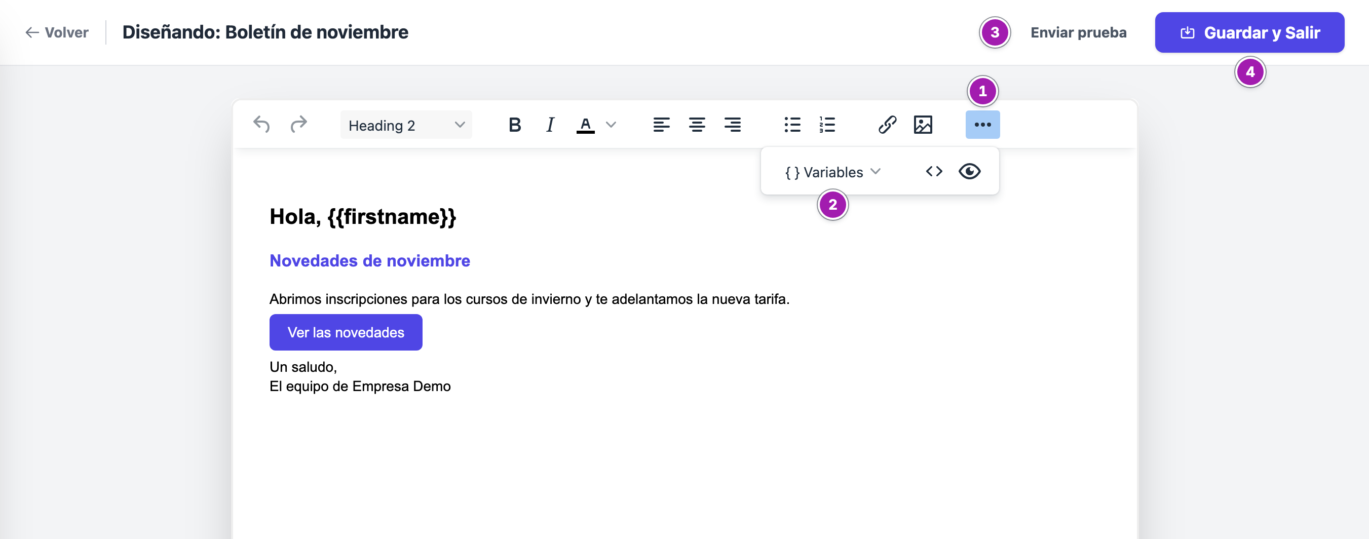 Diseñador de la campaña «Boletín de noviembre»: el botón de los tres puntos de la barra del editor (1) ya pulsado deja ver «{ } Variables» (2); arriba, «Enviar prueba» (3) y «Guardar y Salir» (4).