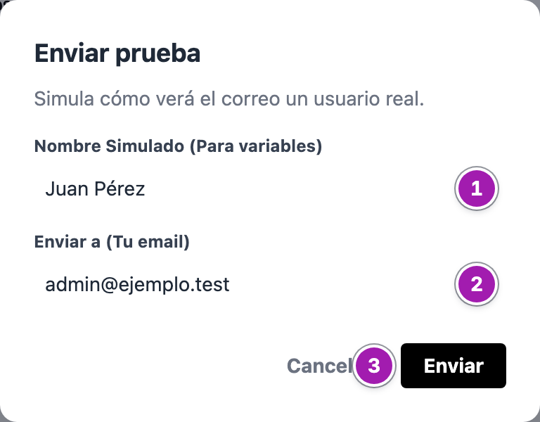 Ventana «Enviar prueba» con el nombre simulado para las variables (1), la dirección a la que se envía (2) y el botón «Enviar» (3).