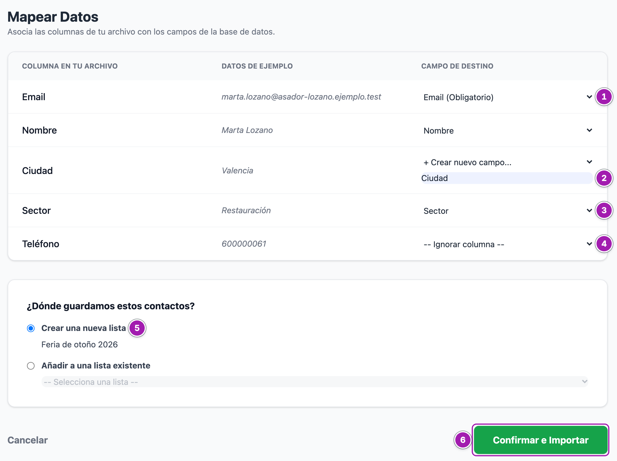 Paso 2, «Mapear Datos», con un CSV de ejemplo: la columna Email reconocida como «Email (Obligatorio)» (1), «Ciudad» como campo nuevo (2), «Sector» llevada a un campo que ya existe (3), «Teléfono» sin importar (4), la lista nueva donde se guardarán (5) y el botón «Confirmar e Importar» (6).