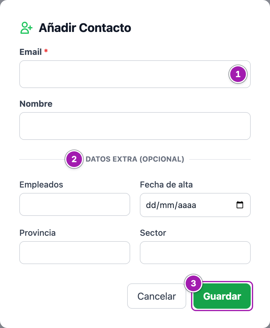 Ventana «Añadir Contacto»: el correo, obligatorio (1), el nombre, los campos personalizados de la cuenta en «Datos Extra (Opcional)» (2) y el botón «Guardar» (3).