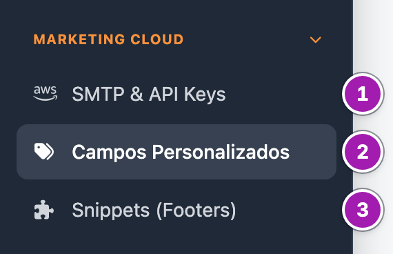 Grupo «Marketing Cloud» del menú de Configuración con sus tres entradas: «SMTP & API Keys» (1), «Campos Personalizados» (2) y «Snippets (Footers)» (3).