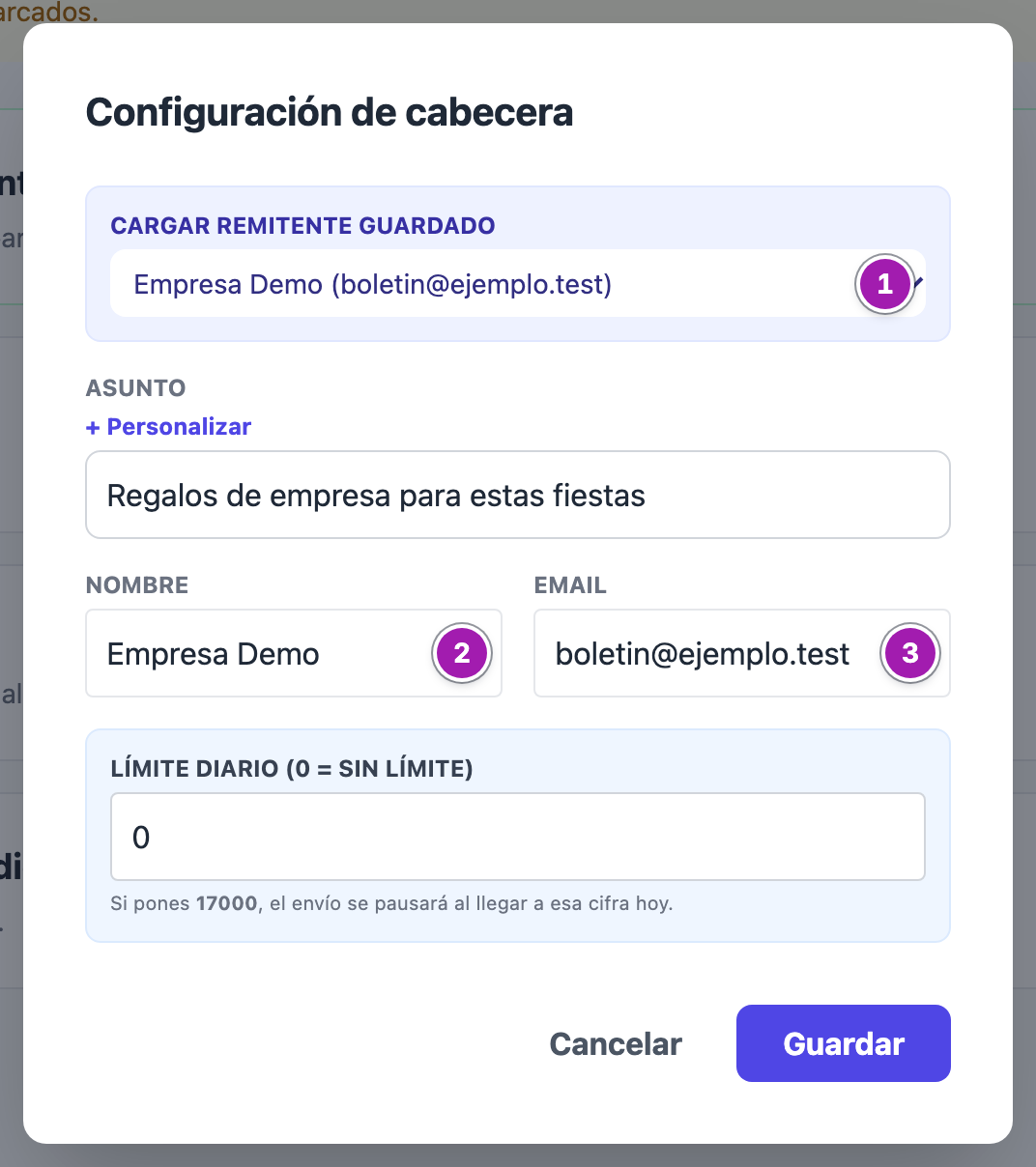 Ventana «Configuración de cabecera» de una campaña: en «Cargar Remitente Guardado» se ha elegido «Empresa Demo» (1) y se han rellenado solos «Nombre» (2) y «Email» (3).
