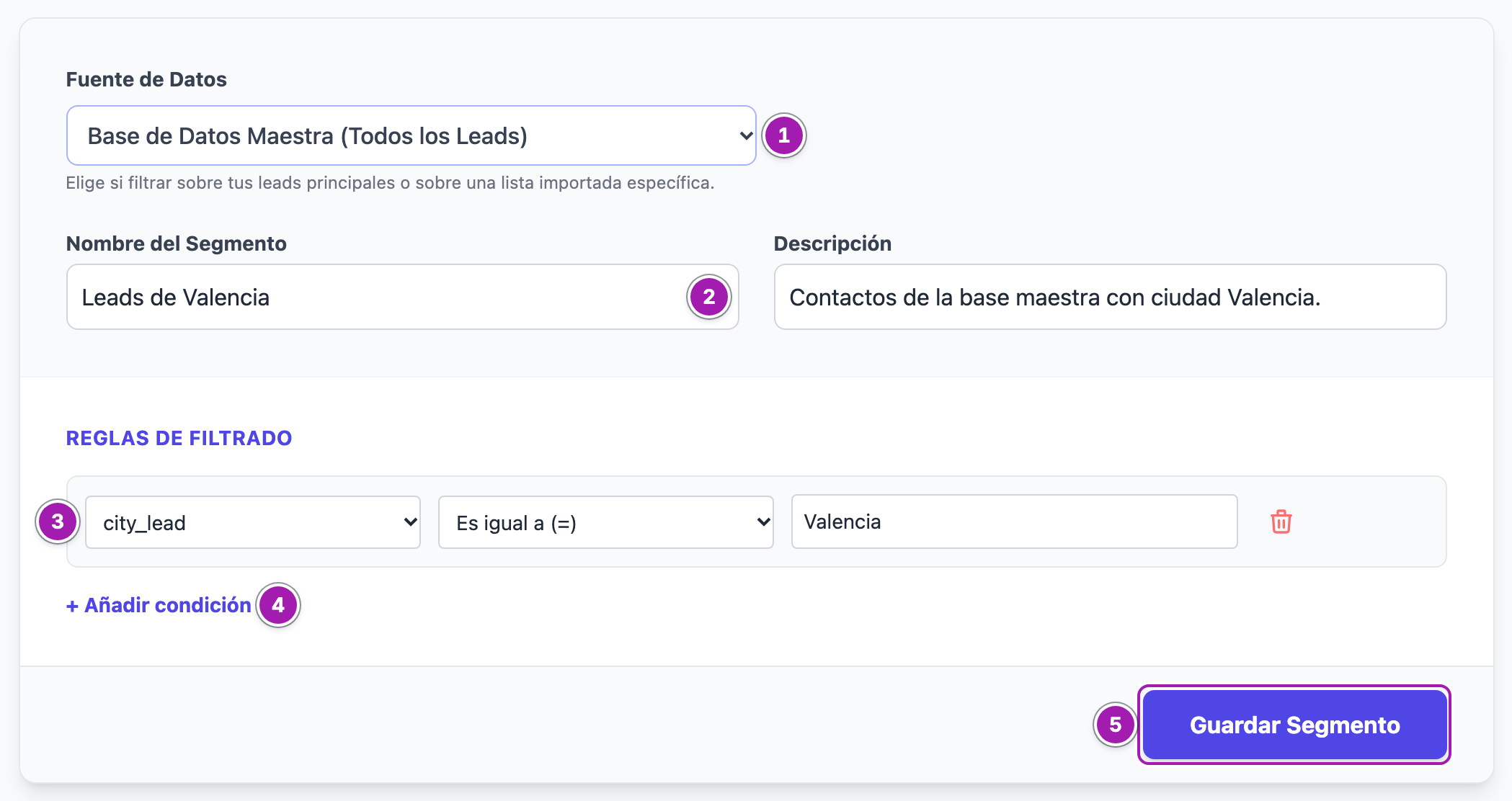 Crear Nuevo Segmento: la fuente de datos (1), el nombre (2), una regla con campo, condición y valor (3), «+ Añadir condición» (4) y «Guardar Segmento» (5).