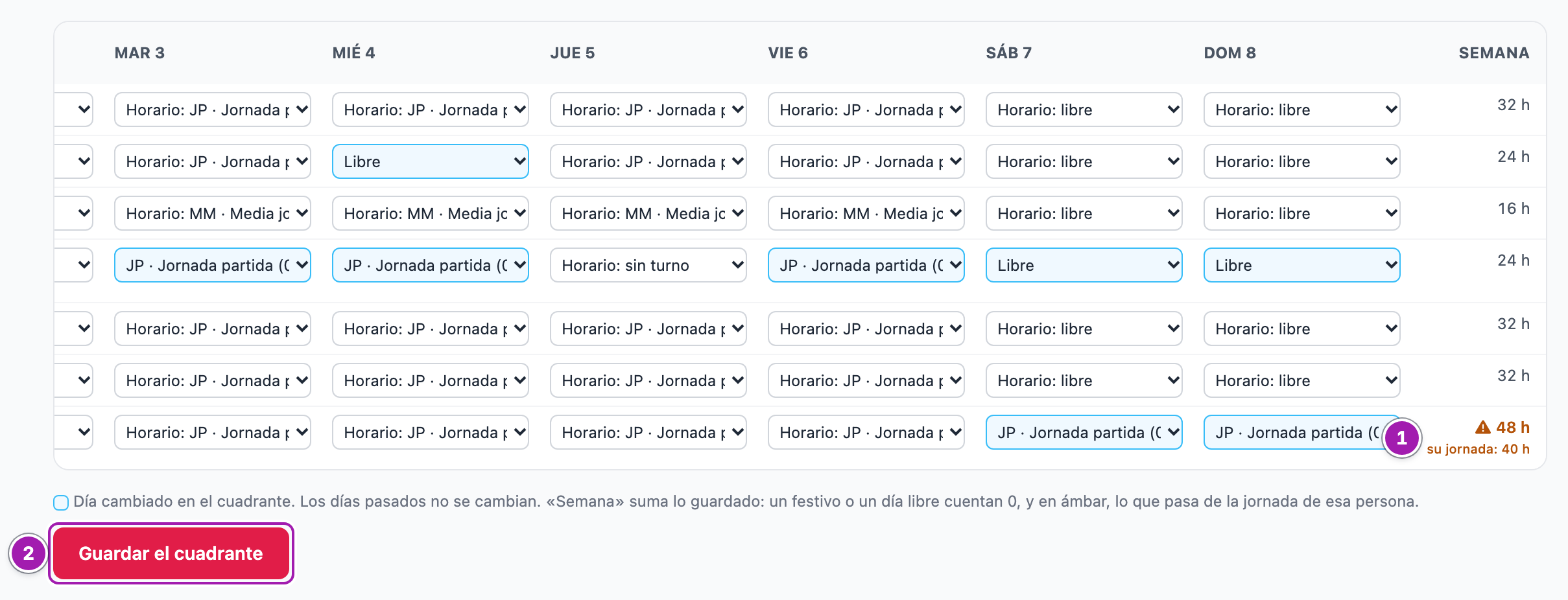 La parte derecha del cuadrante de la misma semana: el sábado y el domingo, y la columna «Semana» con las horas de cada persona; la de Sergio Vidal sale en ámbar, con «su jornada: 40 h» debajo, porque esa semana trabaja también el fin de semana (1). Debajo, la leyenda y el botón «Guardar el cuadrante» (2).