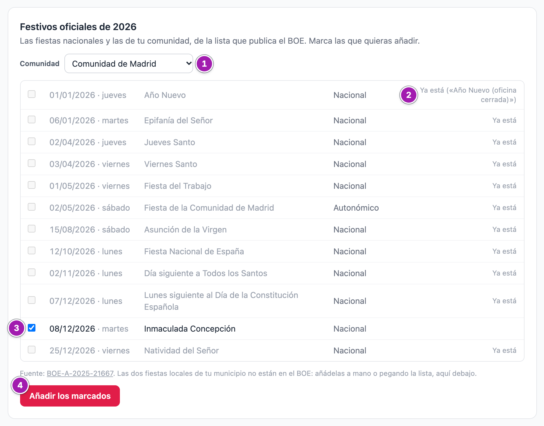Bloque «Festivos oficiales de 2026» con la comunidad elegida (1), las fiestas que el centro ya tiene en gris, una que el centro tiene con otro nombre (2), la que todavía falta, marcada (3), y el botón «Añadir los marcados» (4).