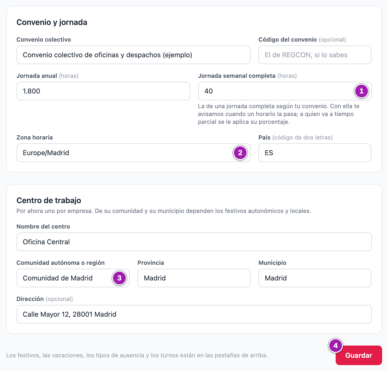 Ficha de la empresa en People, vista por Recursos Humanos: el bloque «Convenio y jornada» con la jornada semanal completa (1) y la zona horaria (2), el bloque «Centro de trabajo» con su comunidad autónoma (3) y el botón «Guardar» (4).