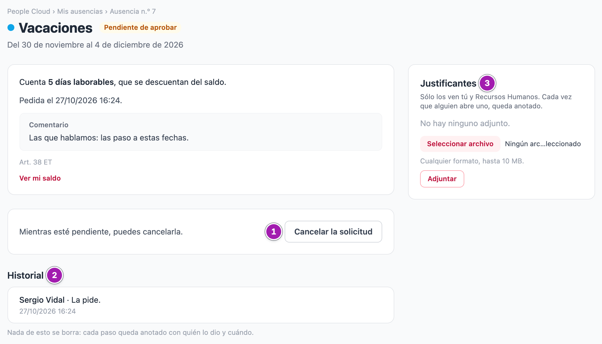Ficha de una solicitud de vacaciones pendiente de aprobar: el botón «Cancelar la solicitud» (1), el historial (2) y la caja de justificantes (3).