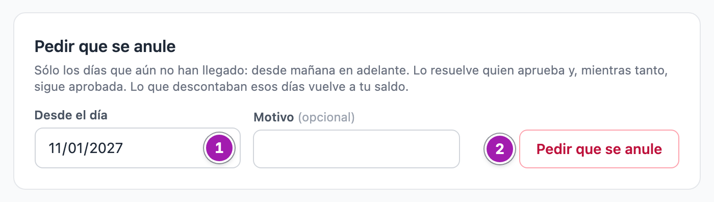 Sección «Pedir que se anule» de unas vacaciones aprobadas: el día desde el que se pide (1) y el botón «Pedir que se anule» (2).