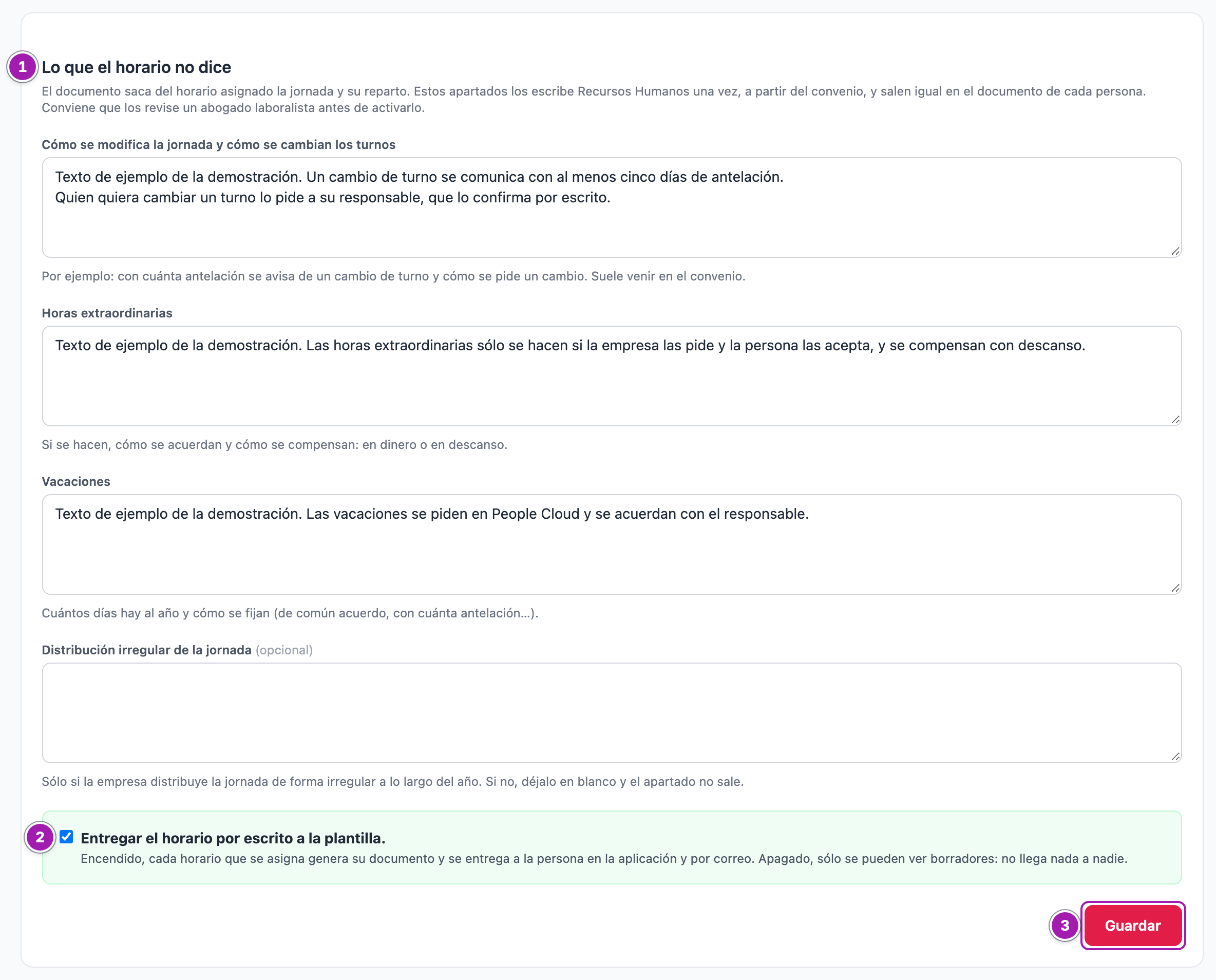 Configuración del horario por escrito: la sección «Lo que el horario no dice» (1) con los cuatro textos que escribe Recursos Humanos (cómo se modifica la jornada y se cambian los turnos, horas extraordinarias, vacaciones y, opcional, distribución irregular), cada uno con su ayuda; la casilla «Entregar el horario por escrito a la plantilla.» marcada (2) y el botón «Guardar» (3).