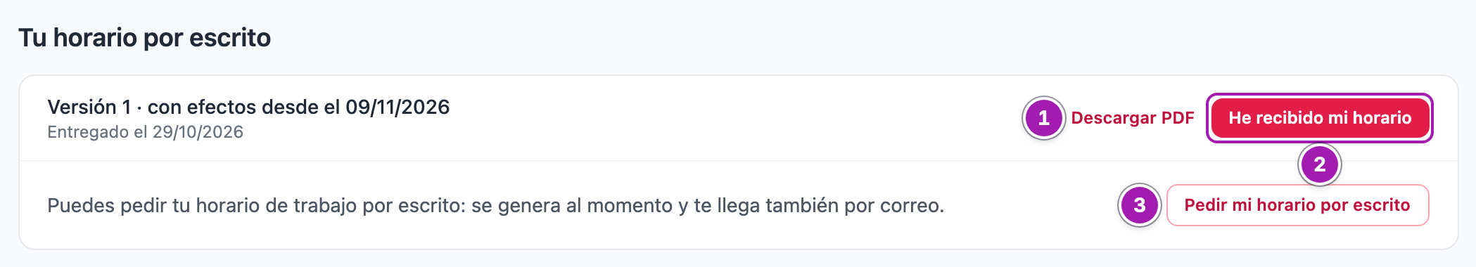 Bloque «Tu horario por escrito» en Mi espacio de Laura Gómez: la versión 1 con efectos desde su próximo horario y la fecha de entrega, con «Descargar PDF» (1) y el botón «He recibido mi horario» (2); debajo, «Puedes pedir tu horario de trabajo por escrito…» con el botón «Pedir mi horario por escrito» (3).