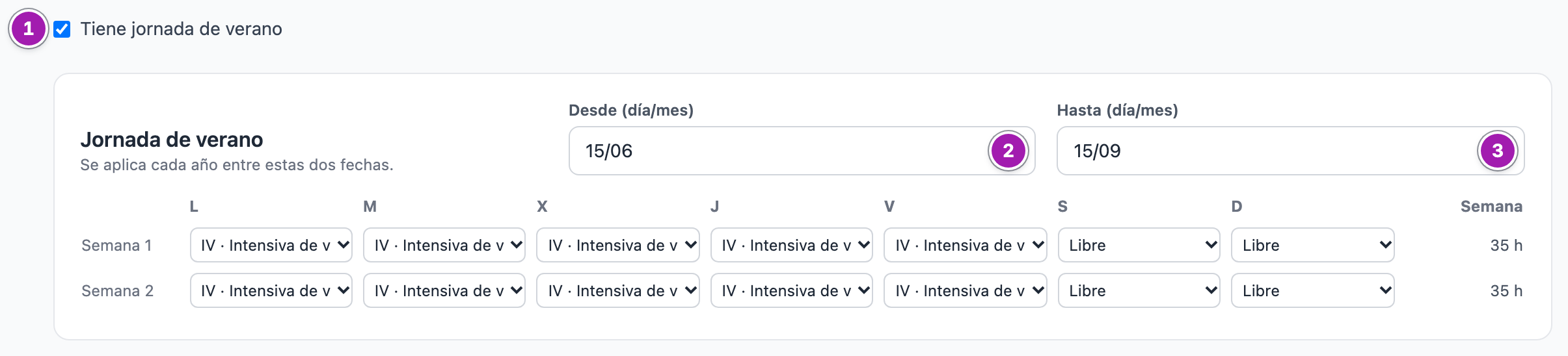La jornada de verano del horario: la casilla «Tiene jornada de verano» marcada (1), las fechas desde el 15/06 (2) hasta el 15/09 (3) y su propia rejilla, con la jornada intensiva de lunes a viernes en las dos semanas.