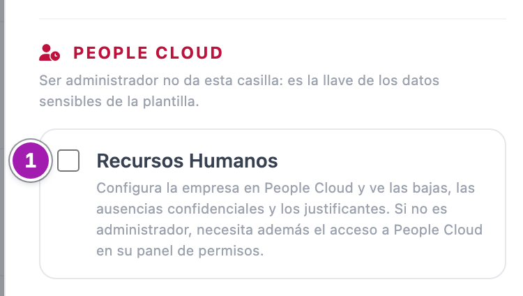 Panel «Editar Perfil» de un usuario en Equipo / Usuarios: sección People Cloud con la casilla «Recursos Humanos» (1) y el aviso de que ser administrador no la da.