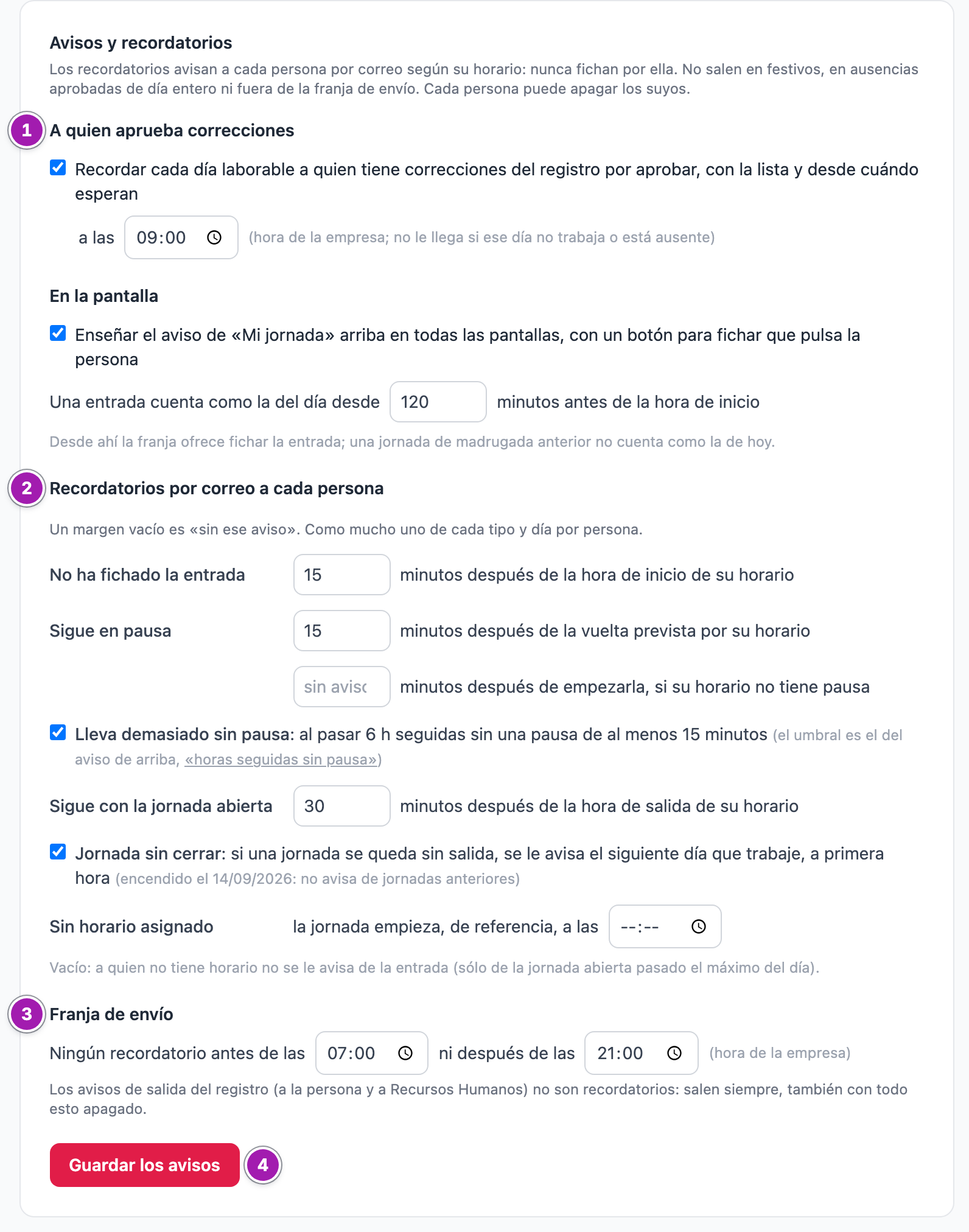 Sección «Avisos y recordatorios» de Configuración › Registro de jornada: el recordatorio a quien aprueba correcciones (1), los recordatorios por correo a cada persona con sus márgenes en minutos (2), la franja de envío (3) y el botón «Guardar los avisos» (4).