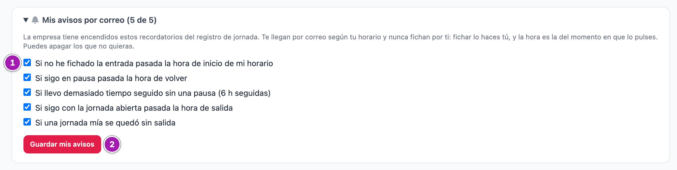 Desplegable «Mis avisos por correo (5 de 5)» abierto en el registro de una persona: la explicación, las cinco casillas de los recordatorios, la primera señalada (1), y el botón «Guardar mis avisos» (2).