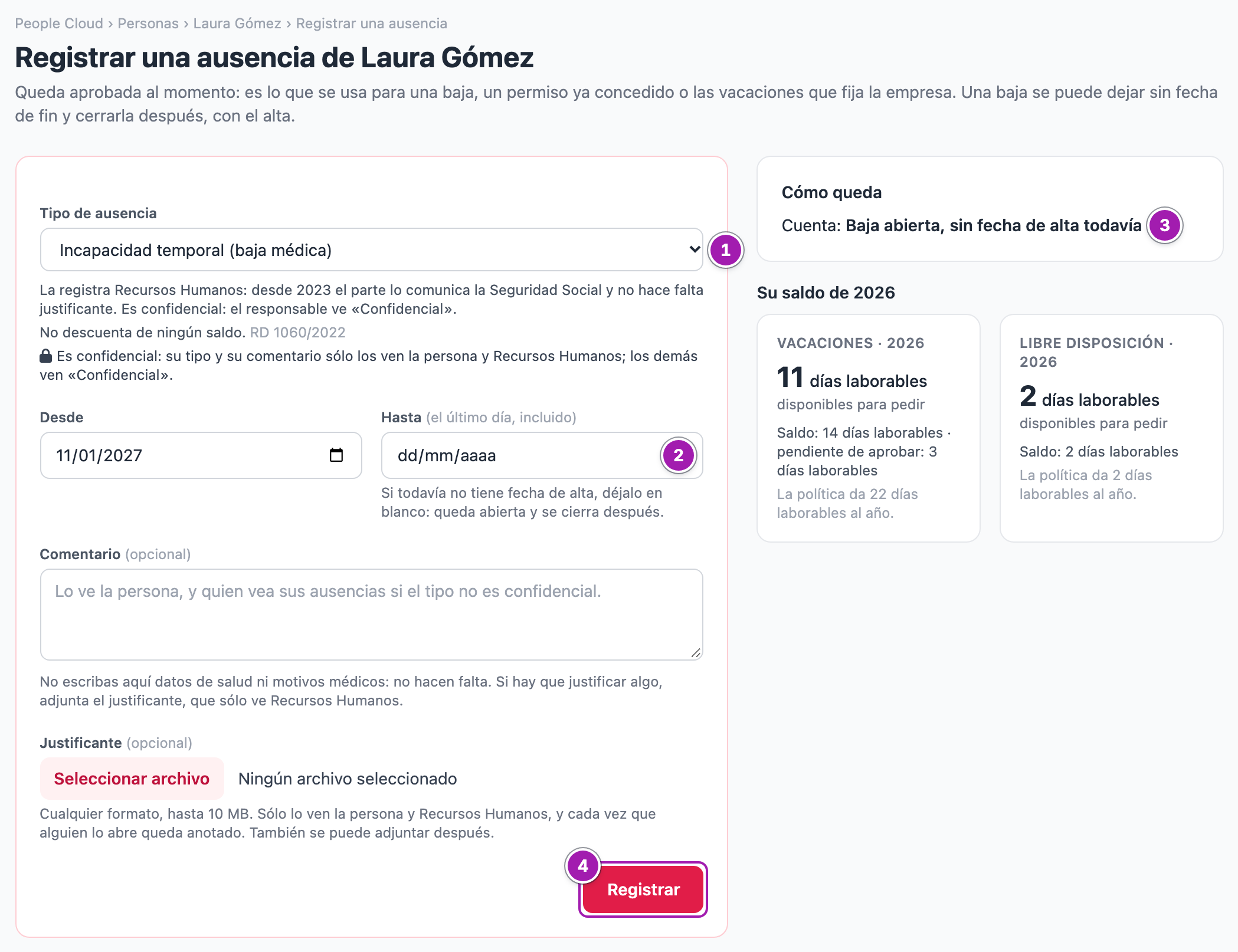 «Registrar una ausencia de Laura Gómez», visto por Recursos Humanos: el tipo «Incapacidad temporal (baja médica)» elegido (1), «Hasta» en blanco (2), «Cómo queda» con «Baja abierta, sin fecha de alta todavía» (3) y el botón «Registrar» (4).