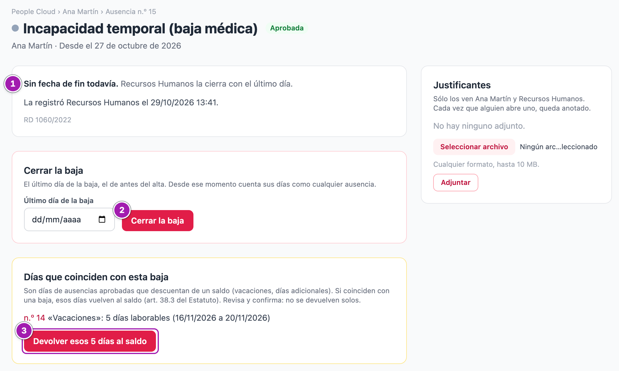 Ficha de una baja abierta vista por Recursos Humanos: «Sin fecha de fin todavía» (1), el bloque «Cerrar la baja» con su botón (2) y «Días que coinciden con esta baja», con unas vacaciones aprobadas y el botón «Devolver esos 5 días al saldo» (3).