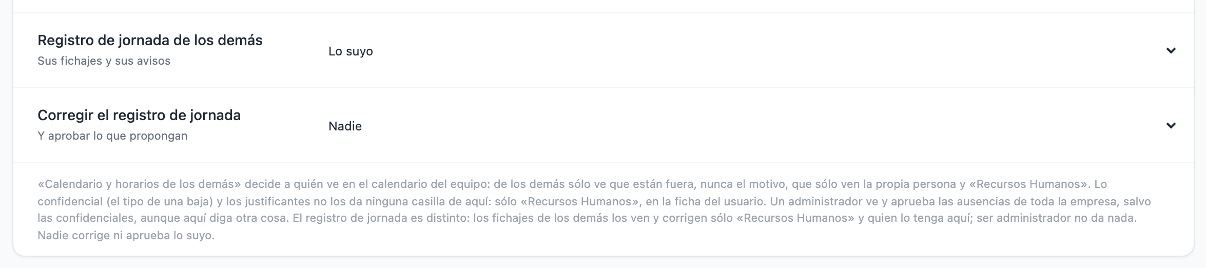 Las dos filas del registro de jornada en el bloque People Cloud del panel de permisos, «Registro de jornada de los demás» y «Corregir el registro de jornada», con el texto de abajo que dice que ser administrador no da nada.