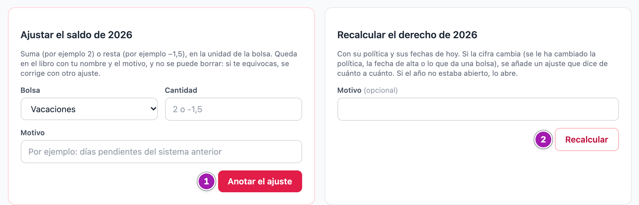 Saldo de otra persona visto por Recursos Humanos: «Ajustar el saldo» con su botón «Anotar el ajuste» (1) y «Recalcular el derecho» con su botón «Recalcular» (2).