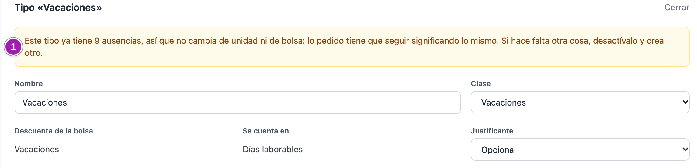 Edición del tipo «Vacaciones», que ya tiene ausencias: el aviso de que no cambia de unidad ni de bolsa (1) y la bolsa y la unidad enseñadas como texto, sin desplegable.