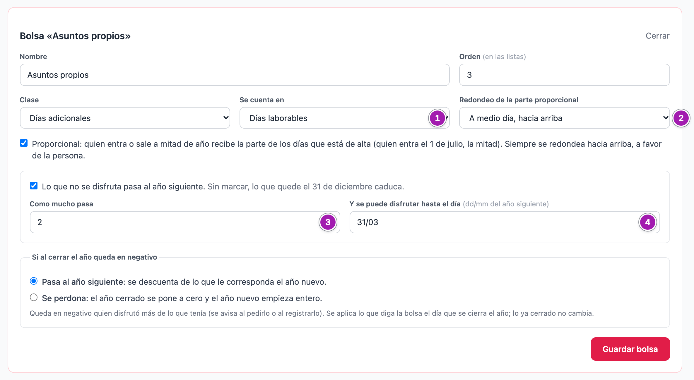 Formulario de la bolsa «Asuntos propios»: «Se cuenta en» (1), el redondeo de la parte proporcional (2) y lo que pasa al año siguiente, con «Como mucho pasa» (3) y hasta qué día se puede disfrutar (4).
