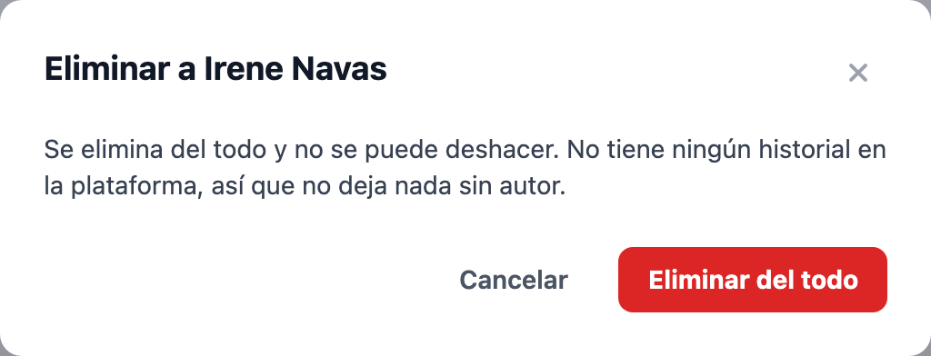 Ventana «Eliminar a Irene Navas»: como no tiene ningún historial, se puede eliminar del todo, sin vuelta atrás, con el botón «Eliminar del todo».