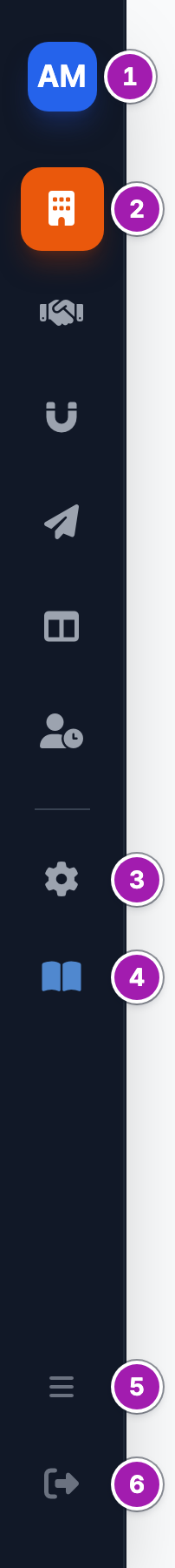 Barra de iconos de la izquierda de una administradora: sus iniciales para «Mi Perfil» (1), los seis iconos de nube empezando por CRM Cloud, resaltado (2), el engranaje de Configuración (3), la ayuda (4) y, abajo, «Fijar Menú» (5) y «Cerrar Sesión» (6).