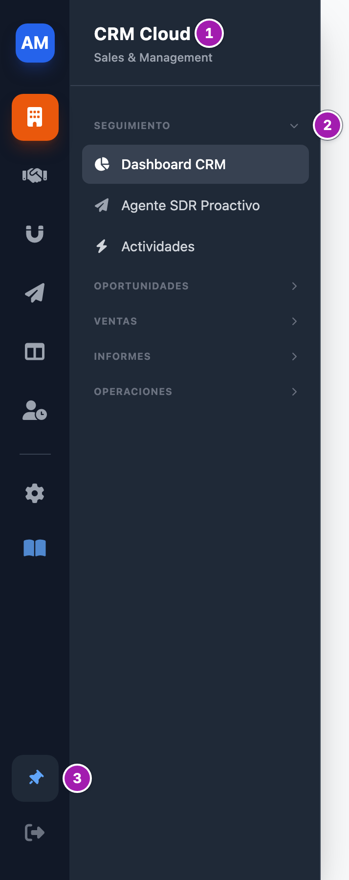 Menú de CRM Cloud desplegado junto a la barra de iconos: arriba el nombre de la nube (1), los grupos de entradas empezando por «Seguimiento» (2) y, abajo en la barra, «Fijar Menú» activado (3).
