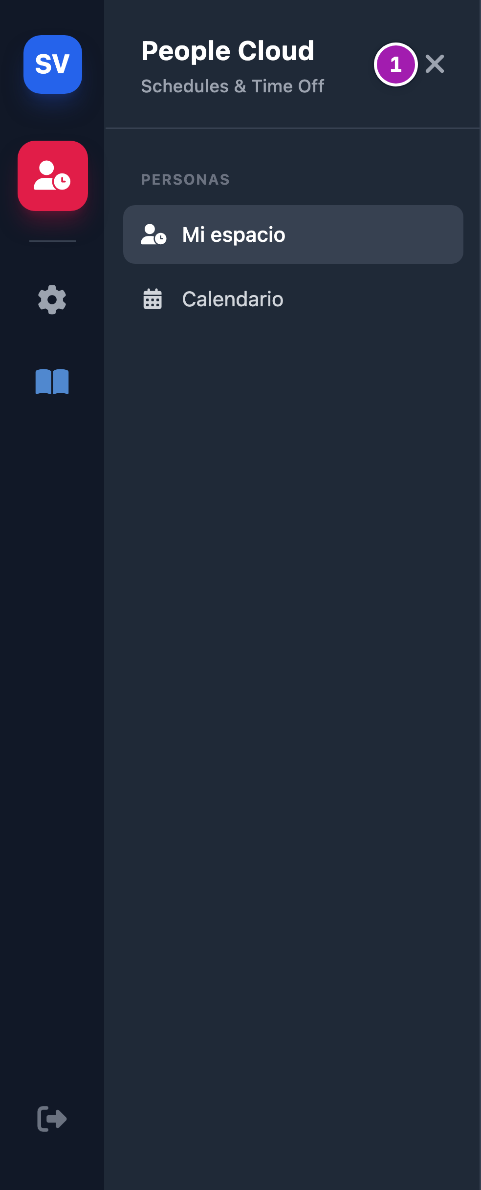 En el móvil, la barra de iconos abierta con el menú de People Cloud desplegado y la × que lo cierra todo (1).