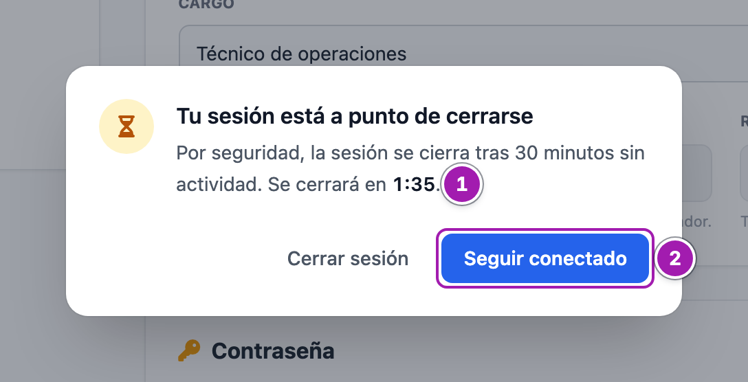 Ventana «Tu sesión está a punto de cerrarse» con la cuenta atrás (1) y el botón «Seguir conectado» (2).