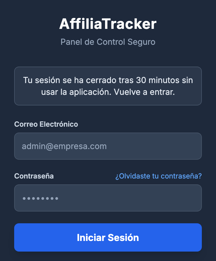 Pantalla de acceso con el aviso «Tu sesión se ha cerrado tras 30 minutos sin usar la aplicación. Vuelve a entrar.» encima de los campos.