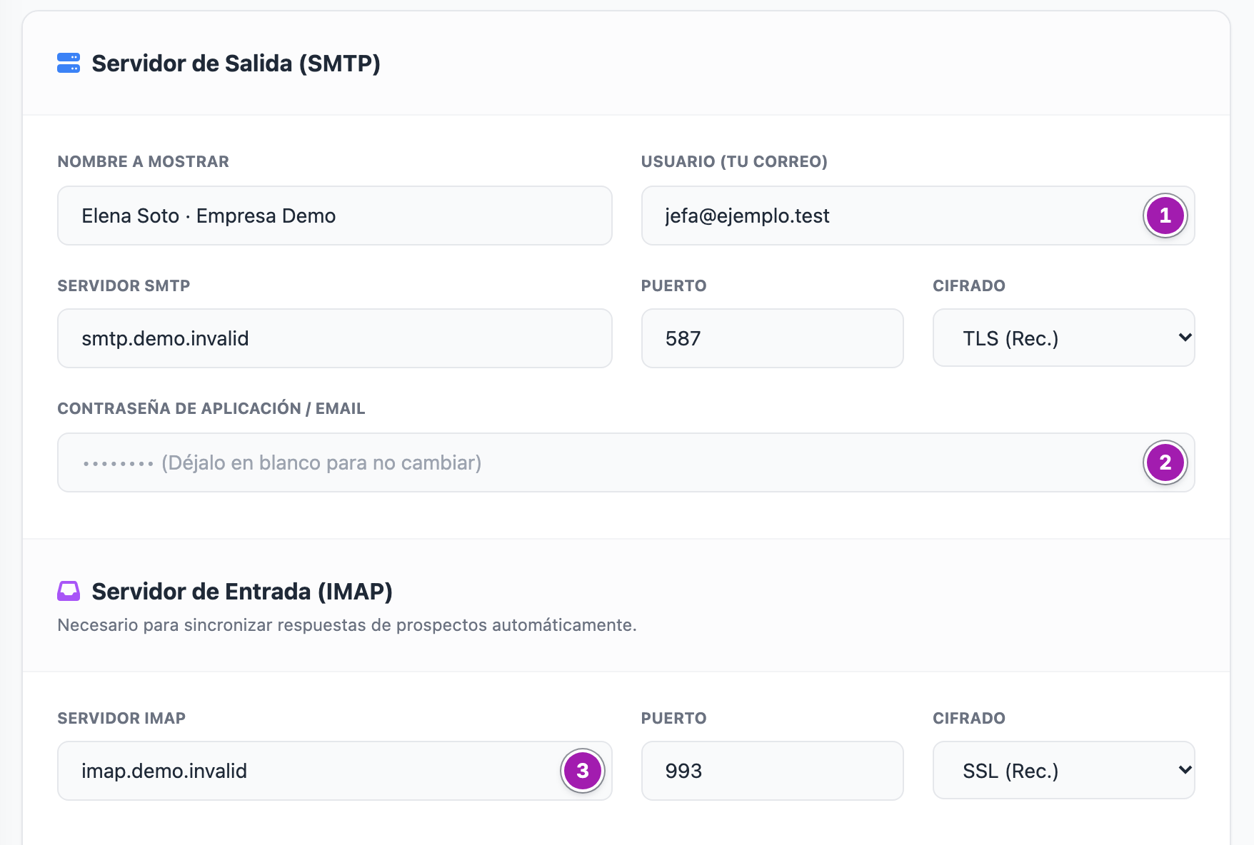 Bloques «Servidor de Salida (SMTP)» y «Servidor de Entrada (IMAP)» de «Mi Correo y Firma», rellenos con datos de ejemplo: «Usuario (Tu Correo)» (1), la contraseña ya guardada, que sale como «Déjalo en blanco para no cambiar» (2), y el «Servidor IMAP» (3).