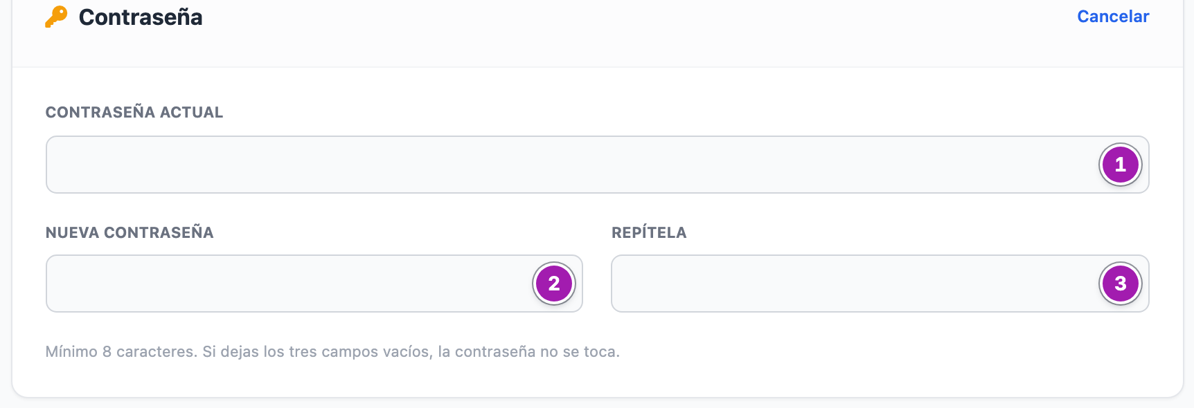 Bloque «Contraseña» de Mi Perfil desplegado, con los campos «Contraseña actual» (1), «Nueva contraseña» (2) y «Repítela» (3), y el botón «Cancelar».