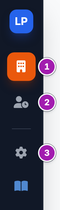 Barra de iconos de la izquierda de alguien que tiene encendidas CRM Cloud (1) y People Cloud (2); debajo, el engranaje de Configuración (3), que ve todo el mundo.