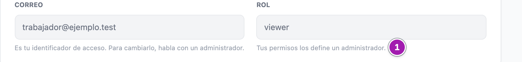 «Mi Perfil» de una persona de la plantilla: el campo «Rol», bloqueado, y debajo «Tus permisos los define un administrador.» (1).