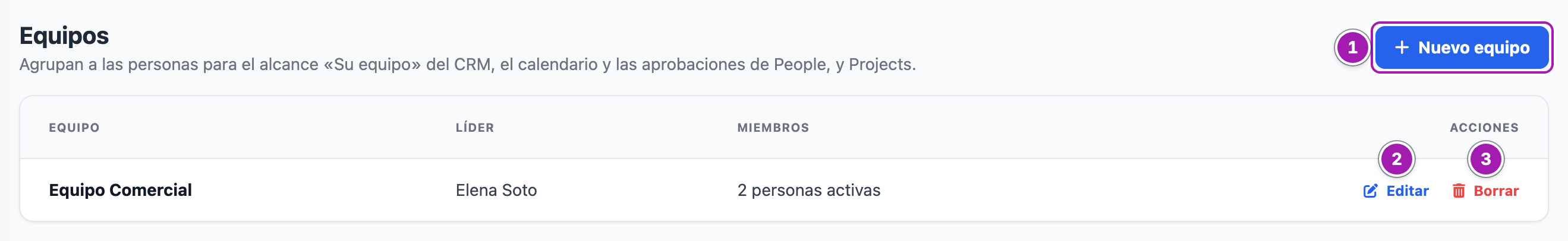 Bloque «Equipos» de la pantalla «Equipo», con el equipo «Equipo Comercial», su líder y sus miembros: el botón «Nuevo equipo» (1), «Editar» (2) y «Borrar» (3).