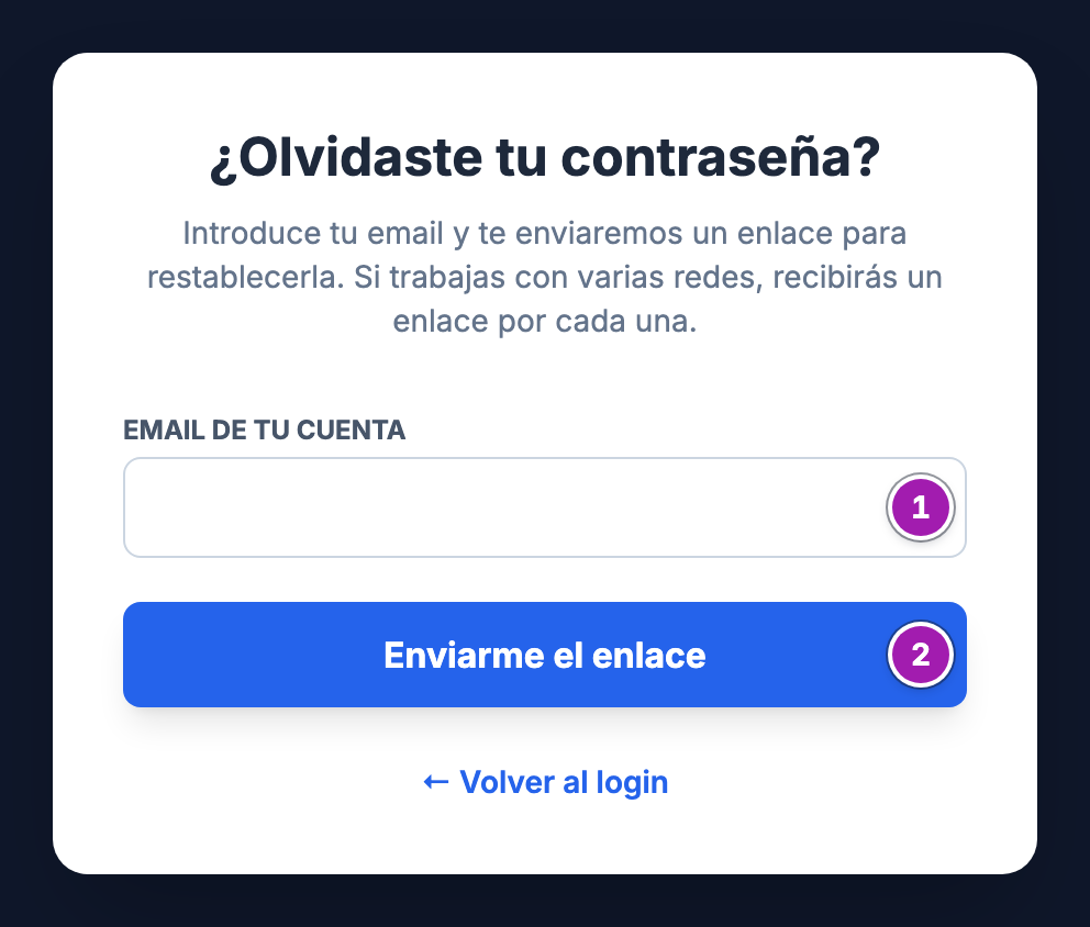 Pantalla «¿Olvidaste tu contraseña?» del portal de afiliados con el campo «Email de tu cuenta» (1) y el botón «Enviarme el enlace» (2).