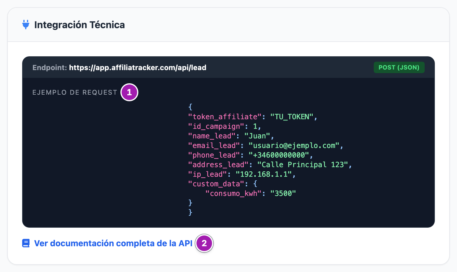 Tarjeta «Integración Técnica» de una oferta: la dirección de la API, el «Ejemplo de Request» con el token tapado (1) y el enlace «Ver documentación completa de la API» (2).