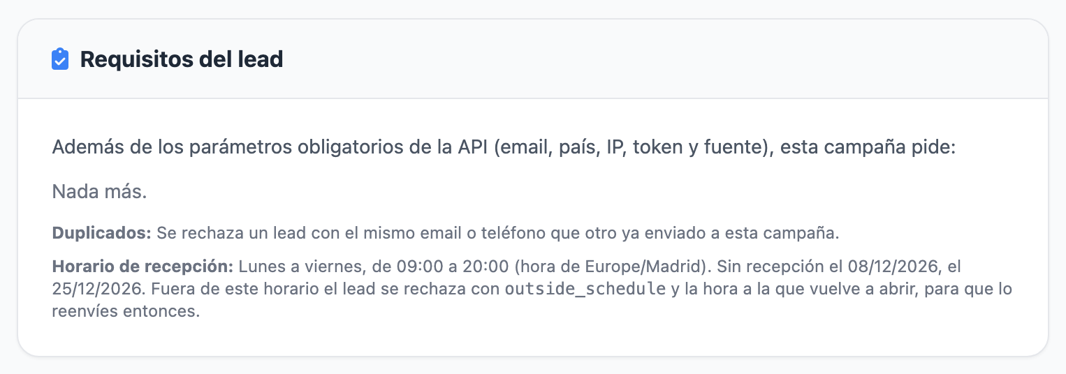 Tarjeta «Requisitos del lead» de una oferta sin requisitos propios («Nada más.»), con la regla de duplicados y el horario de recepción, incluidos los días sin recepción.