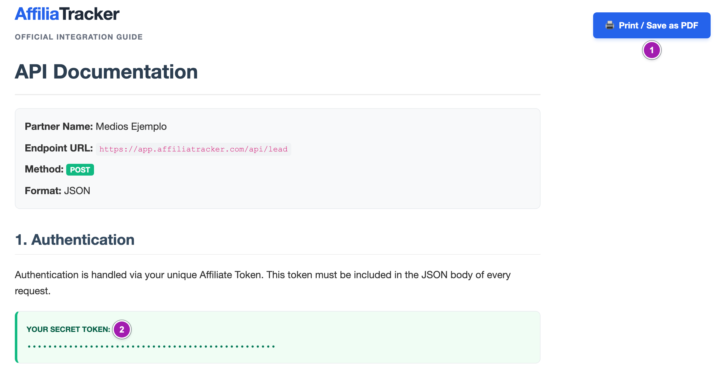 Principio de la guía de la API del afiliado, en inglés: el botón «Print / Save as PDF» (1), el recuadro con el nombre, la dirección, el método y el formato, y el apartado «1. Authentication» con el recuadro «YOUR SECRET TOKEN:» (2), con el token tapado.