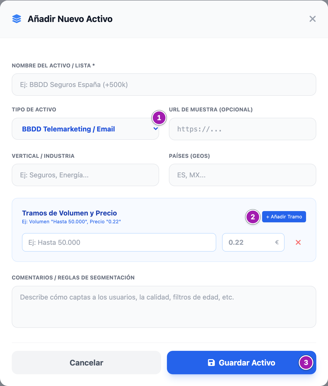 Ventana «Añadir Nuevo Activo»: nombre, el «Tipo de Activo» (1) con una base de datos elegida, URL de muestra, vertical y países, los «Tramos de Volumen y Precio» con «+ Añadir Tramo» (2), los comentarios y el botón «Guardar Activo» (3).