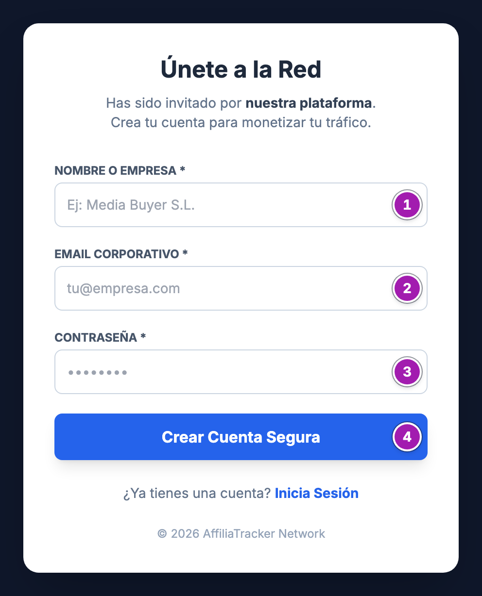 Pantalla «Únete a la Red» abierta con un enlace de invitación: «Nombre o Empresa» (1), «Email Corporativo» (2), «Contraseña» (3) y el botón «Crear Cuenta Segura» (4).