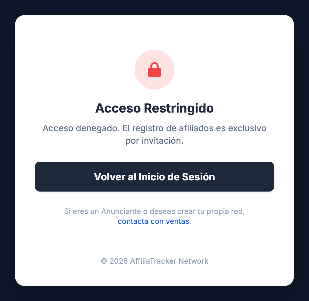 Pantalla «Acceso Restringido» que sale al abrir el registro sin un enlace de invitación, con el botón «Volver al Inicio de Sesión».